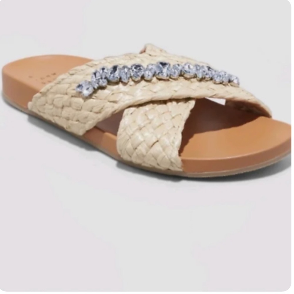 A New Day Phylis Raffia Woven Cross Strap Slide Sandals
